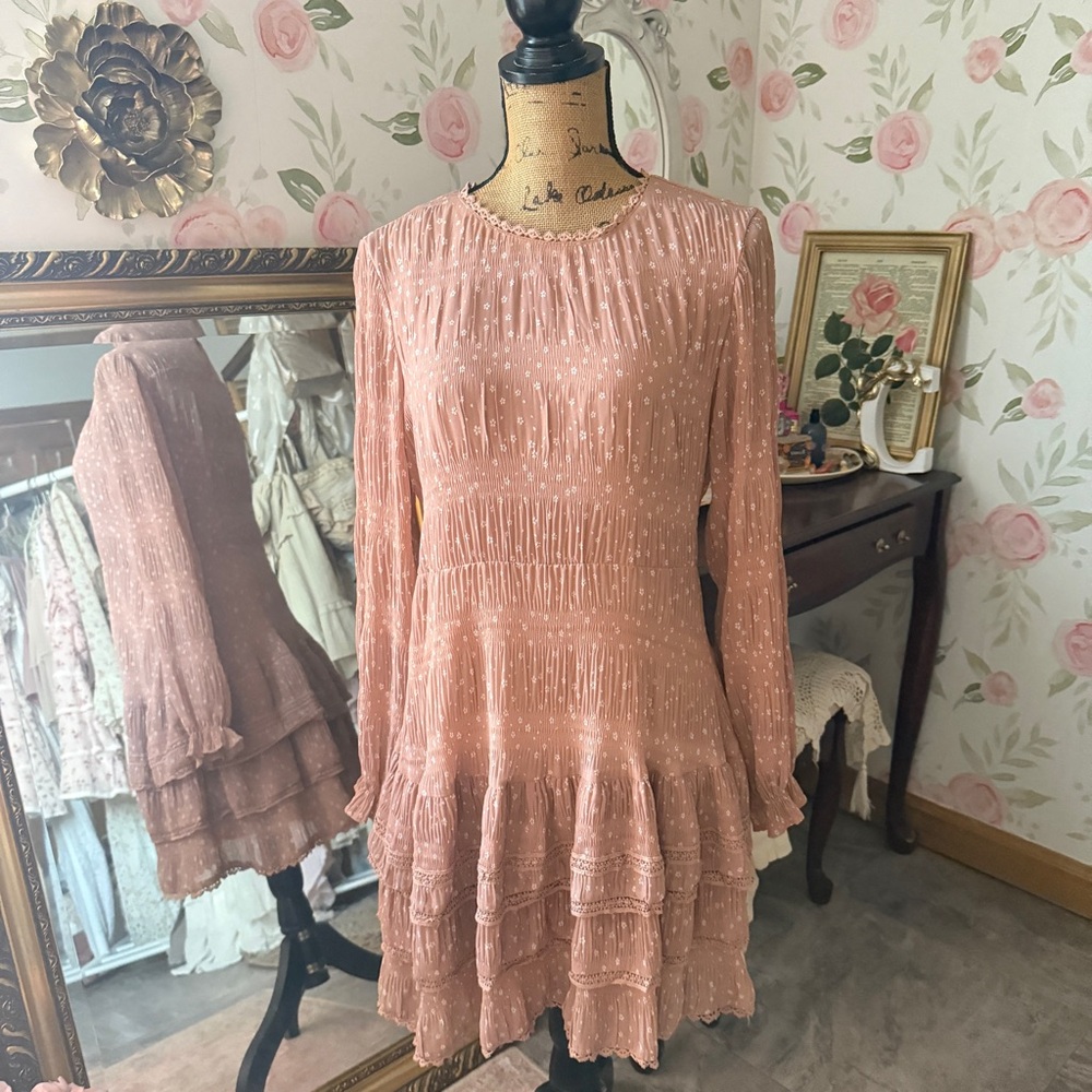 Apricot Ditsy Floral Long Sleeve Ruffle Dress